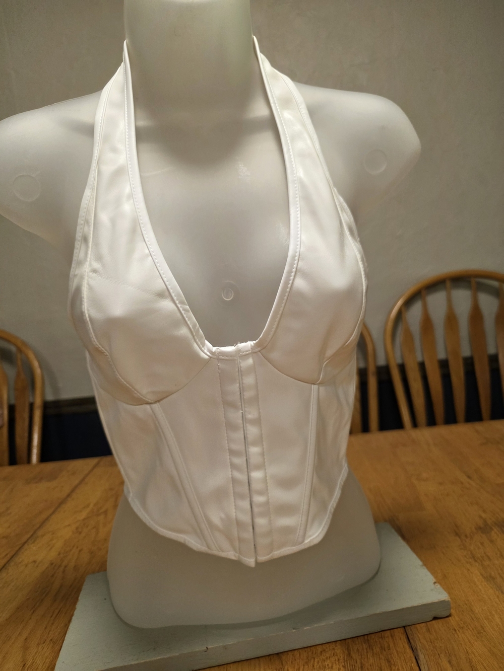 Dominatrix  Halter Corset Faux Leather Cosplay Lace Up White Top